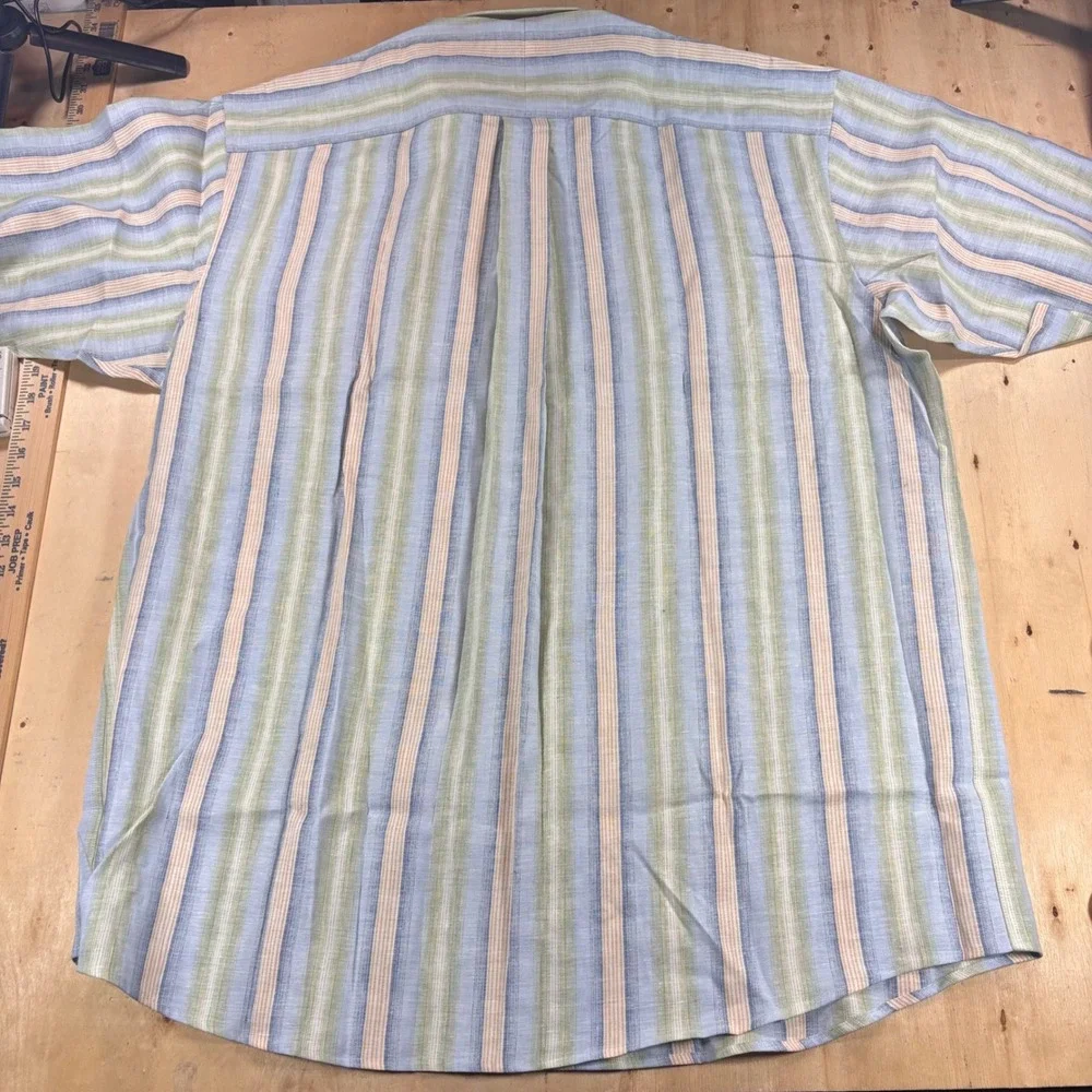 Jos A Bank Mens XL 100% Linen Shirt Blue Green Stripe Short Sleeve NWT Button Up